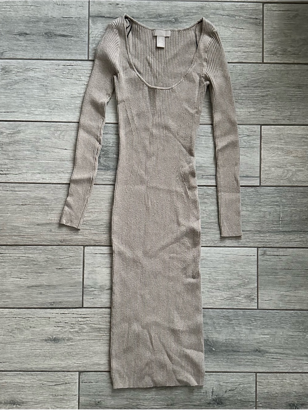 H&M Ribbed Knit Long Sleeve Bodycon Midi Dress - Taupe